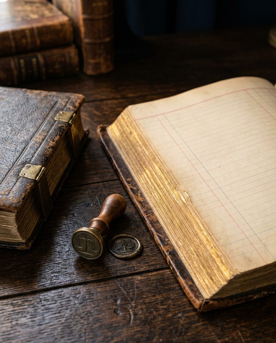 Registro contabile rilegato aperto su una scrivania in legno scuro, con un sigillo in bronzo a forma di bilancia.